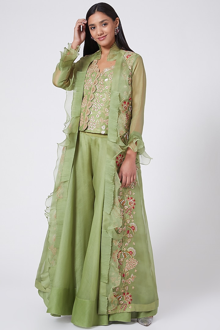 Green Hand Embroidered Palazzo Pant Set by Ose By Jyoti Gupta