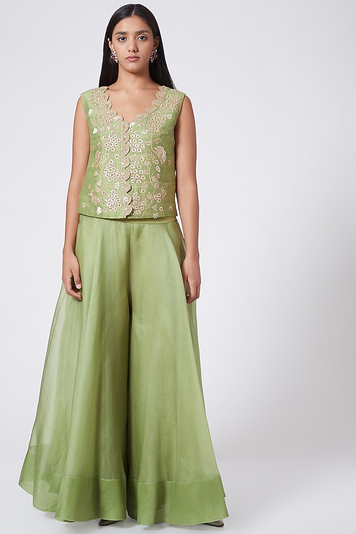 Green Hand Embroidered Palazzo Pant Set by Ose By Jyoti Gupta at Pernia's Pop Up Shop