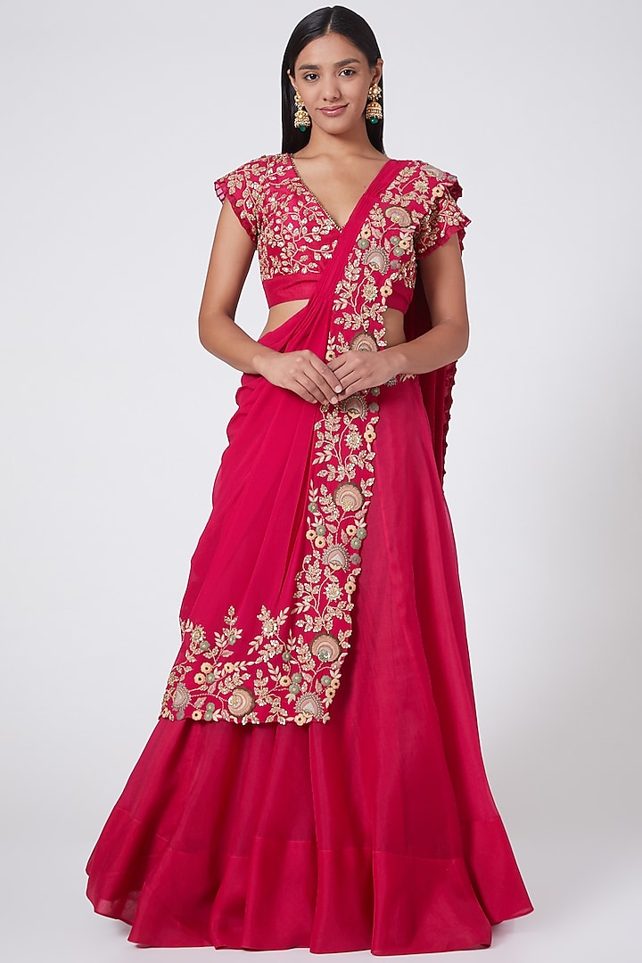 Fuchsia Pink Hand Embroidered Skirt Set by Ose By Jyoti Gupta