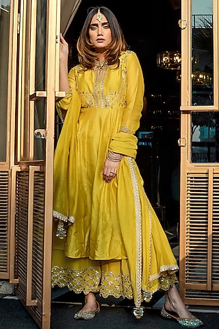 Yellow Embroidered Sharara Set by Ose by Jyoti Gupta