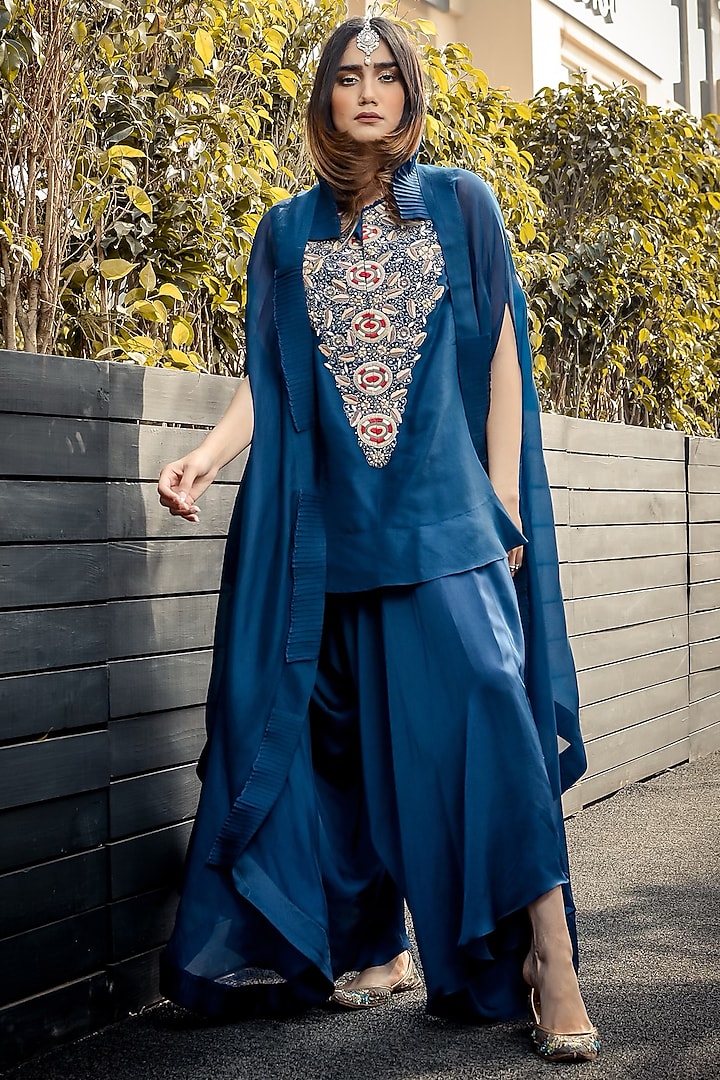 Sky Blue Hand Embroidered Cape Set by Ose by Jyoti Gupta