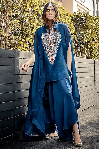 Sky Blue Hand Embroidered Cape Set by Ose by Jyoti Gupta