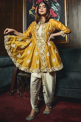 Yellow & Off White Embroidered Dhoti Set by Ose by Jyoti Gupta