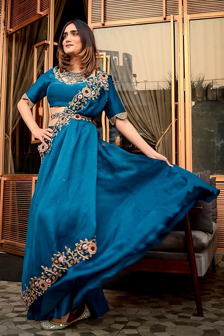 Blue Embroidered Blouse With Pants & Belt by Ose by Jyoti Gupta