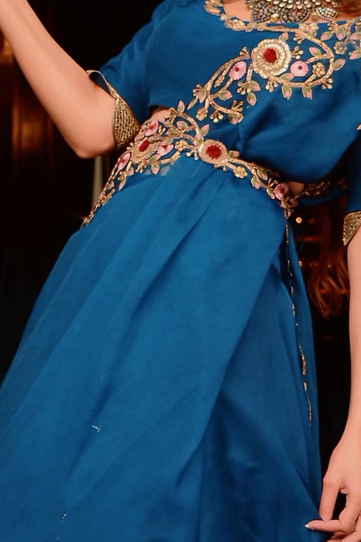 Blue Embroidered Blouse With Pants & Belt by Ose by Jyoti Gupta at Pernia's Pop Up Shop