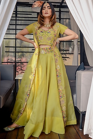 Lime Yellow Hand Embroidered Jacket Set by Ose by Jyoti Gupta