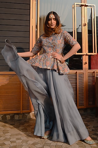 Grey Hand Embroidered Peplum Top With Pants by Ose by Jyoti Gupta