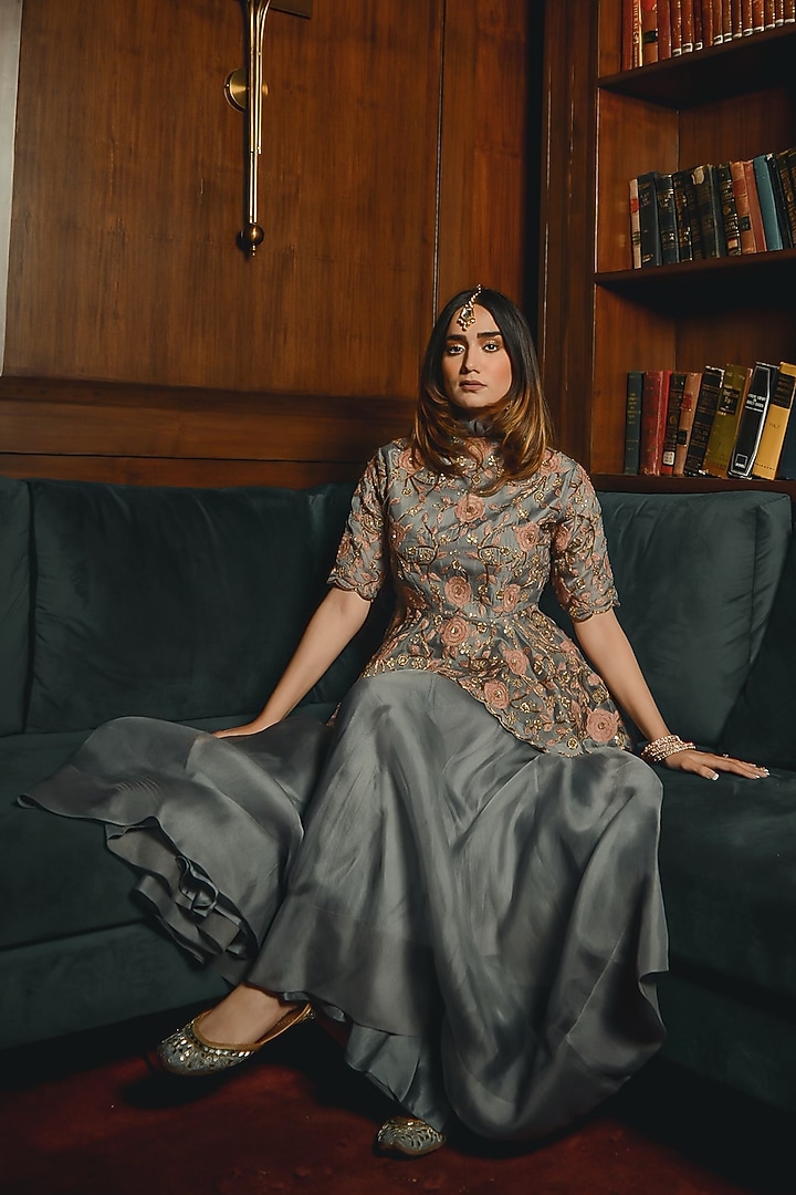 Grey Hand Embroidered Peplum Top With Pants by Ose by Jyoti Gupta at Pernia's Pop Up Shop