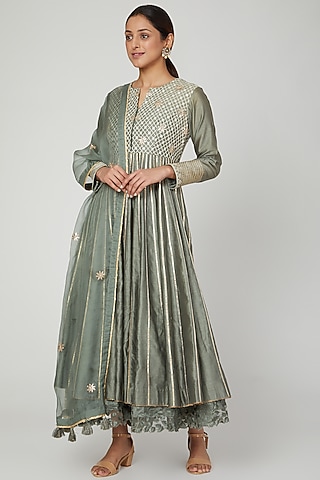 Matte Green Embroidered Anarkali Set by Ose by Jyoti Gupta