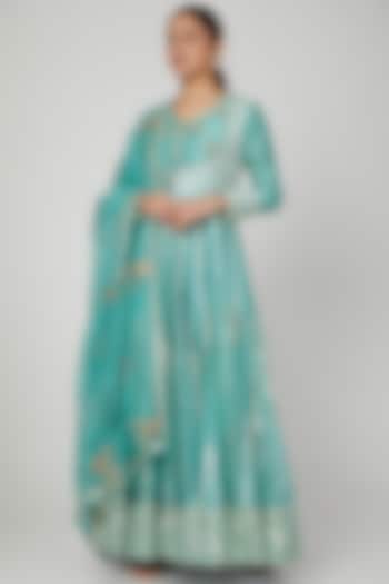 Turquoise Blue Embroidered Anarkali Set by Ose by Jyoti Gupta