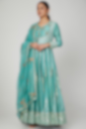 Turquoise Blue Embroidered Anarkali Set by Ose by Jyoti Gupta