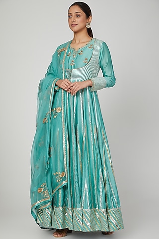 Turquoise Blue Embroidered Anarkali Set by Ose by Jyoti Gupta