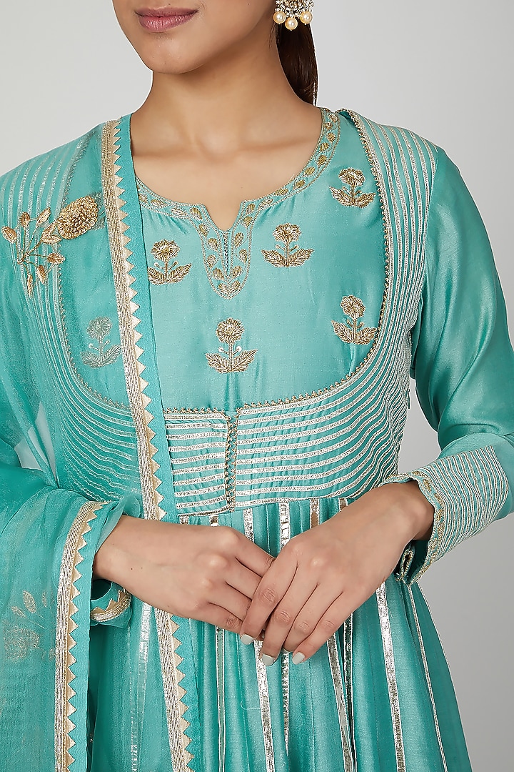 Turquoise Blue Embroidered Wedding Anarkali Set by Ose by Jyoti Gupta at Pernia's Pop Up Shop