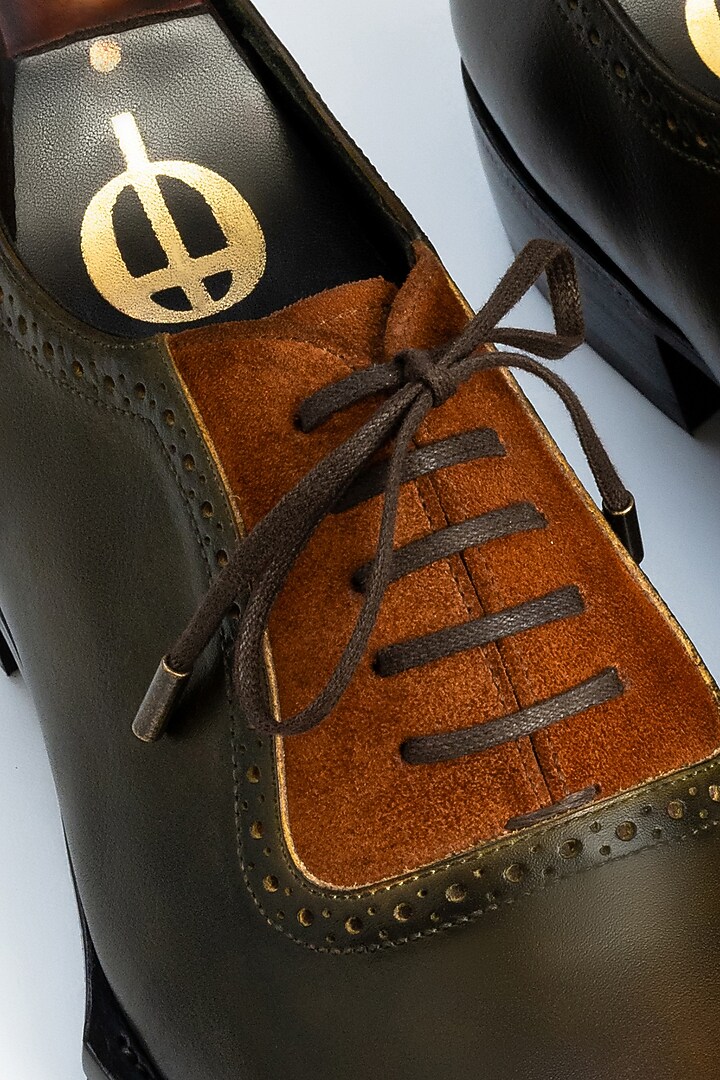Green Full Grain Leather Oxford Shoes by OBLUM at Pernia's Pop Up Shop