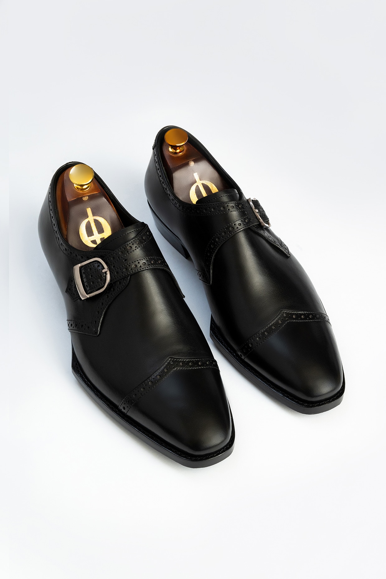 Ajio Black Flat Shoes With Gold Buckle Black Calfskin Leather Monk