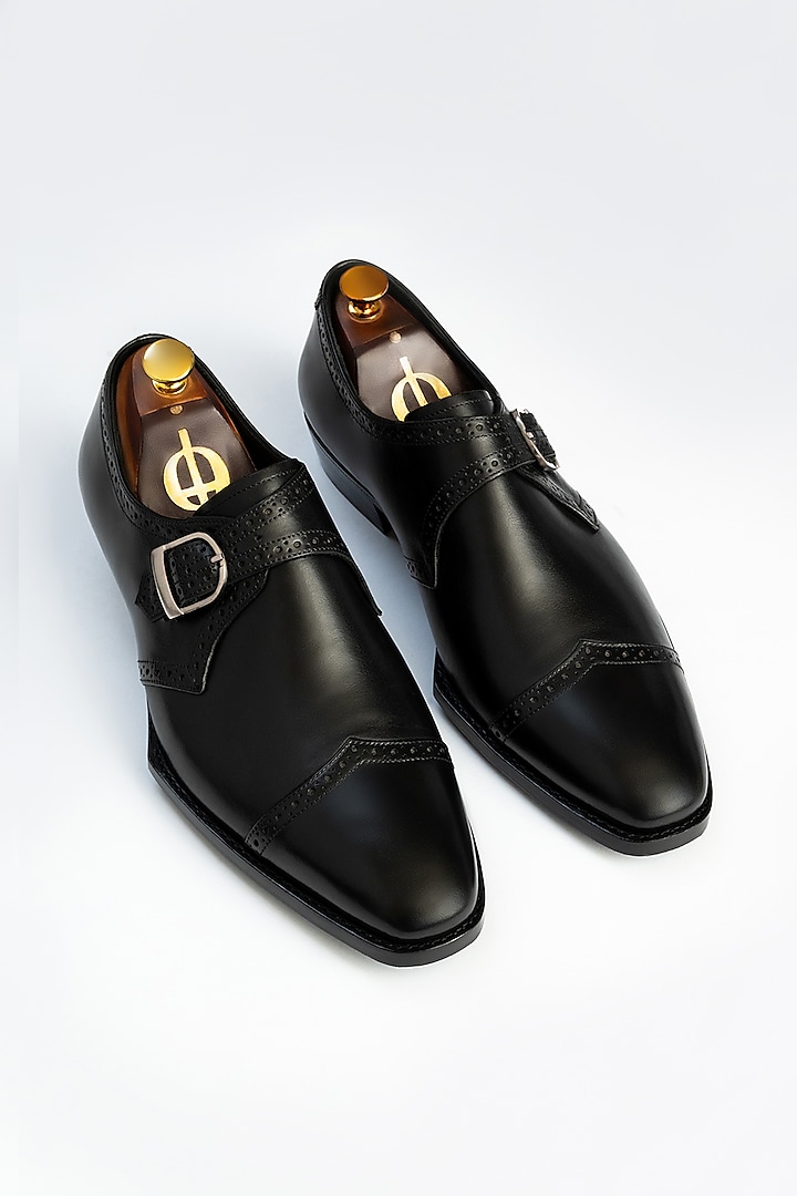 Black Calfskin Leather Monk Shoes by OBLUM