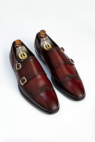 Maroon Full Grain Leather Monk Shoes by OBLUM