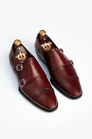Maroon Full Grain Leather Monk Shoes by OBLUM