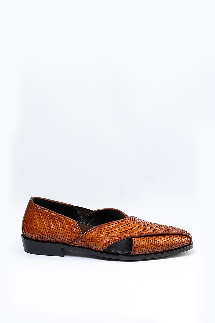 Yellow Full Grain Leather Handwoven Peshawari Shoes by OBLUM at Pernia's Pop Up Shop