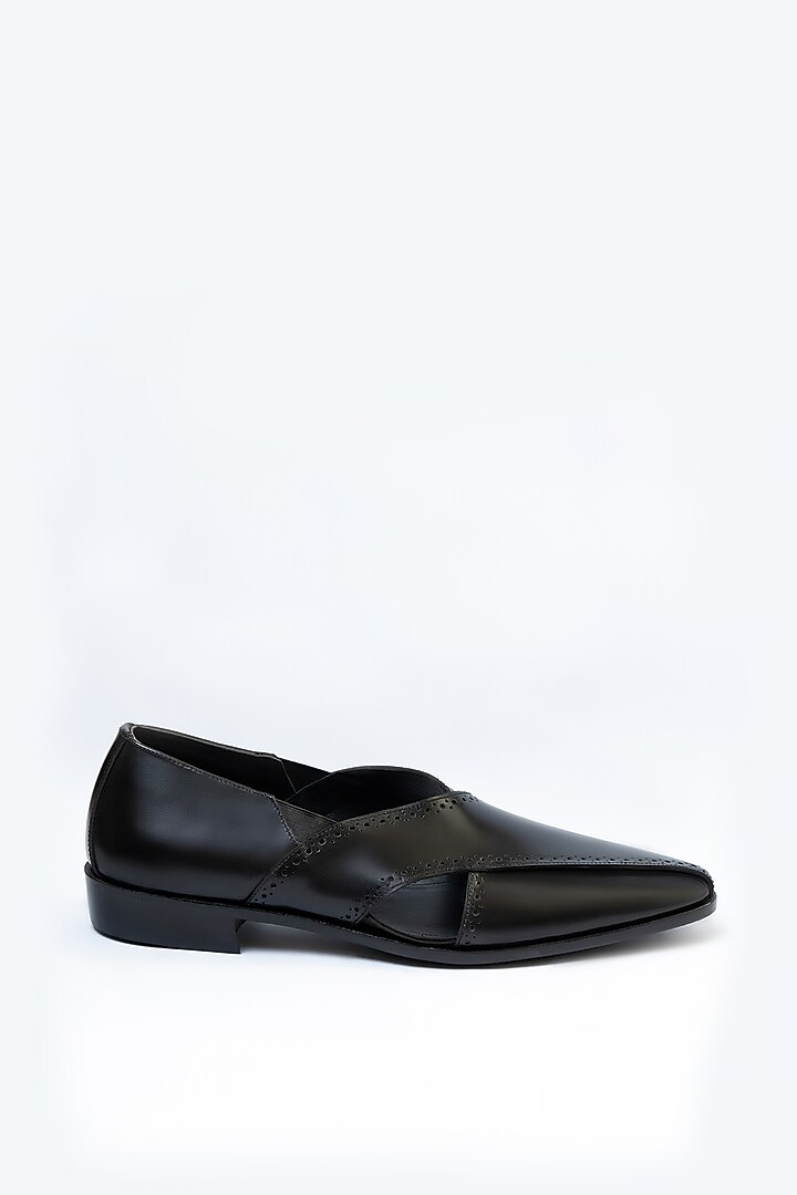 Black Calfskin Leather Peshawari Shoes by OBLUM at Pernia's Pop Up Shop