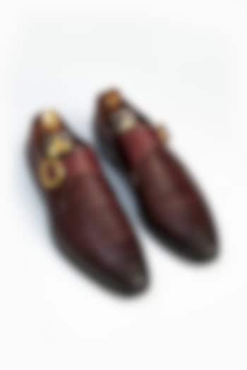 Maroon Full Grain Leather Handwoven Monk Shoes by OBLUM