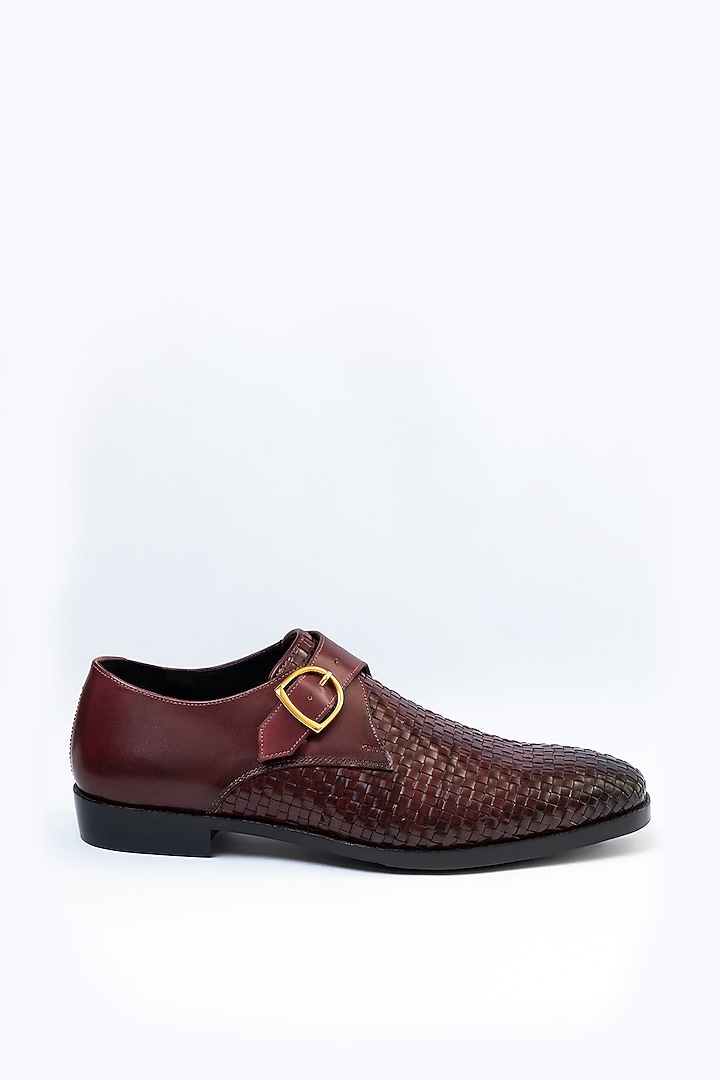 Maroon Full Grain Leather Handwoven Monk Shoes by OBLUM at Pernia's Pop Up Shop