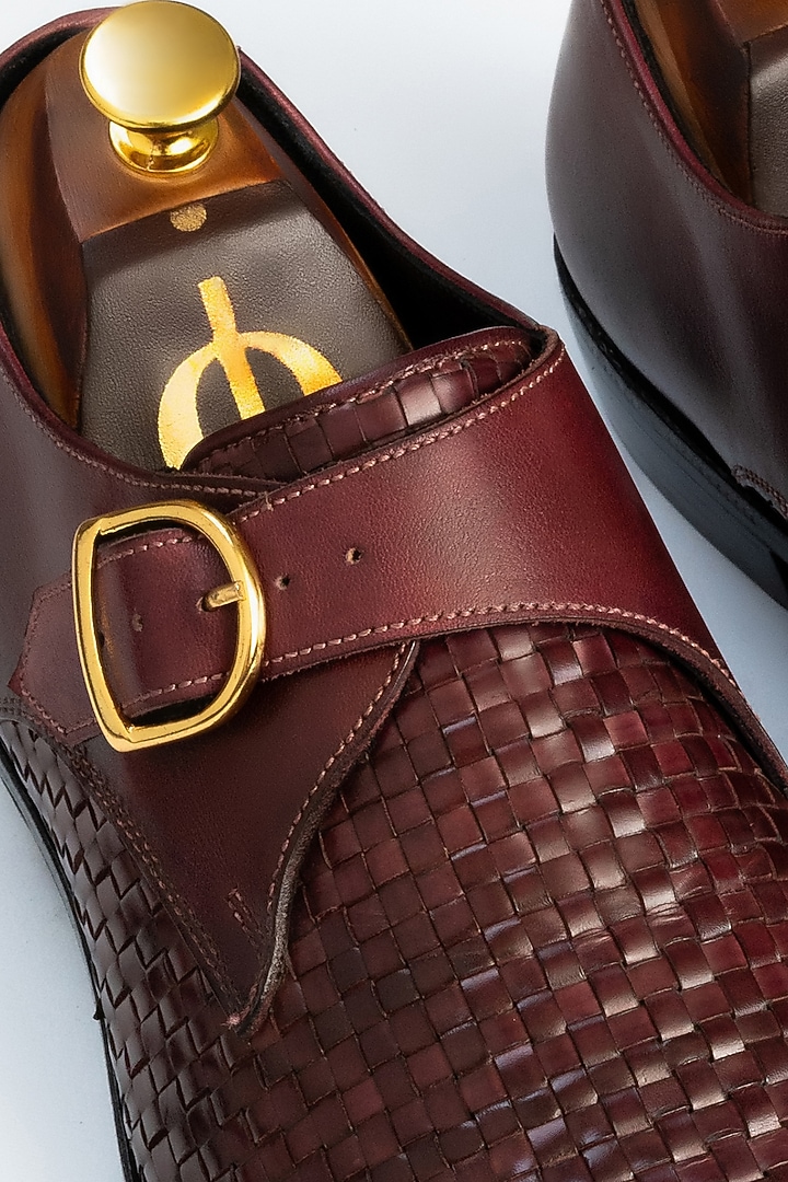 Maroon Full Grain Leather Handwoven Monk Shoes by OBLUM at Pernia's Pop Up Shop