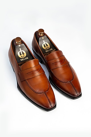 Yellow Full Grain Leather Y-Tip Loafers by OBLUM