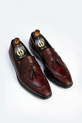 Maroon Full Grain Leather Penny Loafers by OBLUM