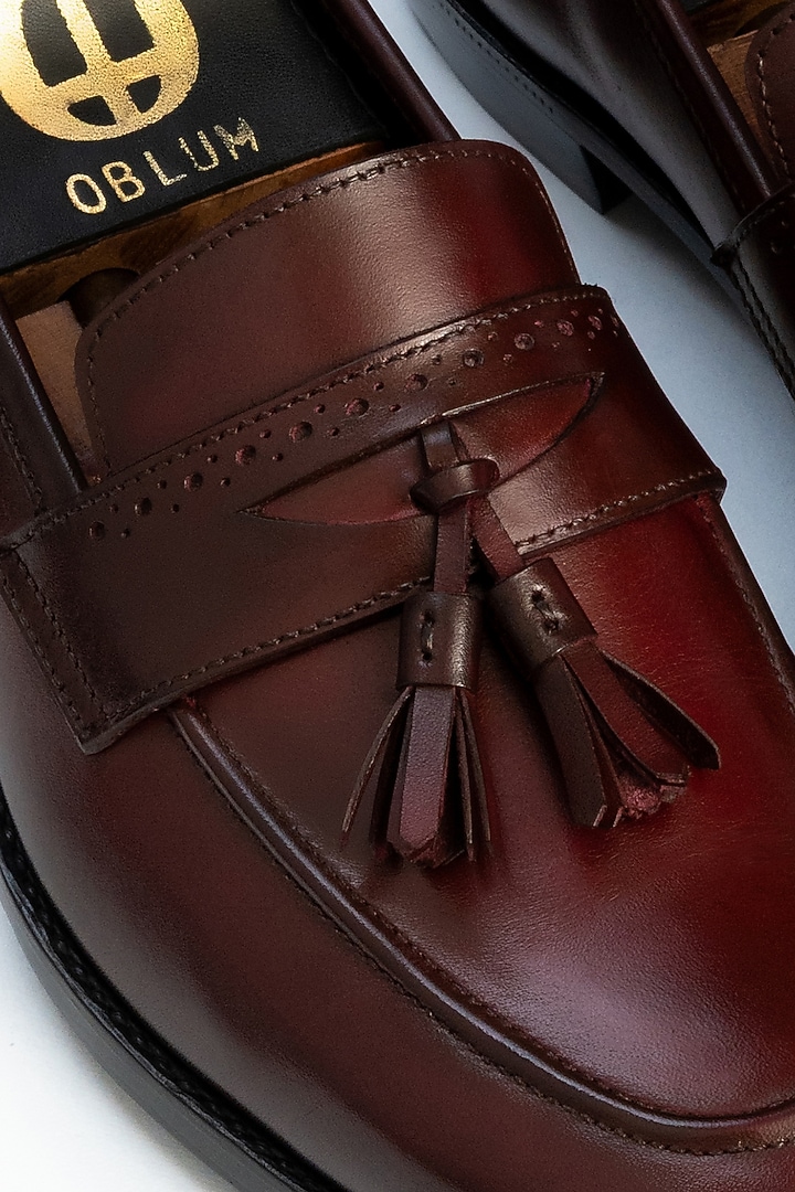 Maroon Full Grain Leather Penny Loafers by OBLUM at Pernia's Pop Up Shop