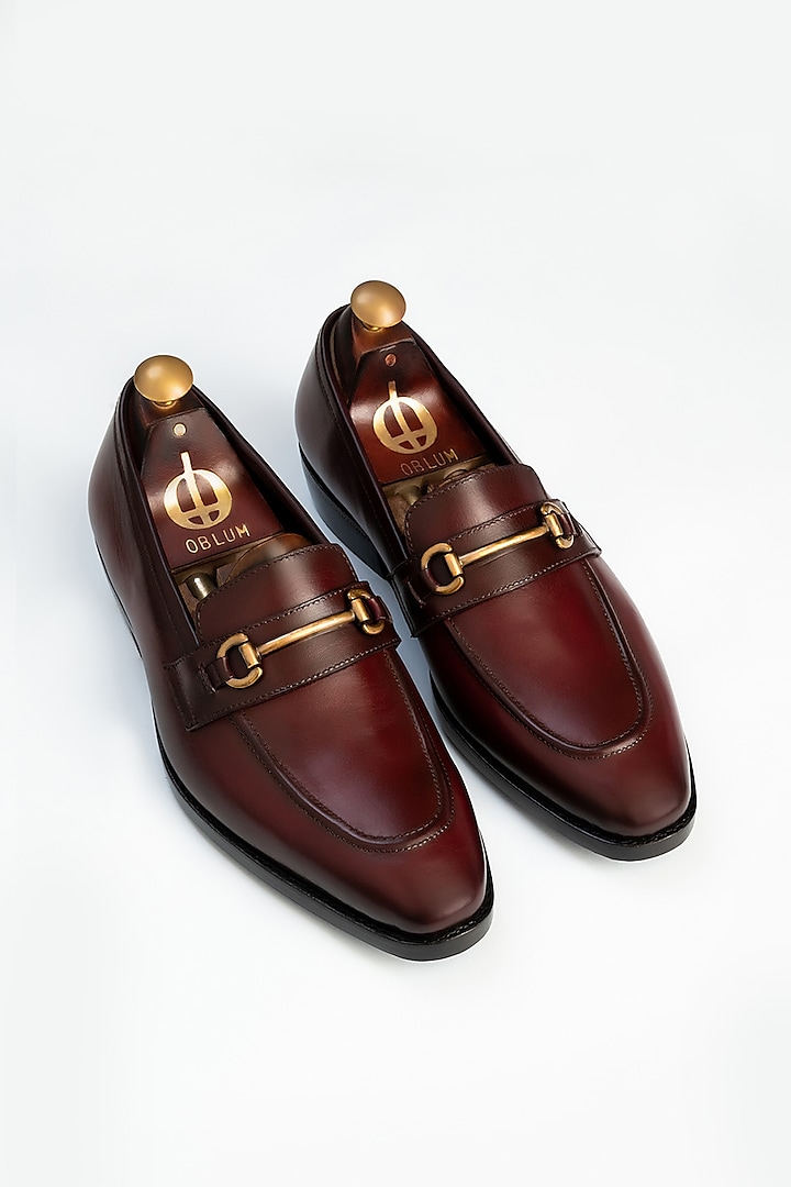 Maroon Full Grain Leather Horse Bit Loafers by OBLUM