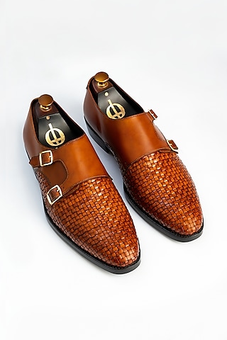Yellow Full Grain Leather Handwoven Monk Shoes by OBLUM
