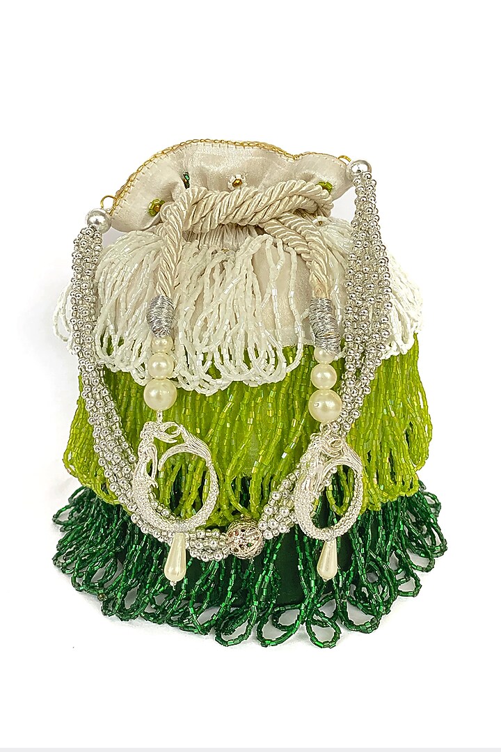 Green Silk & Cotton Embellished Potli by Oceana at Pernia's Pop Up Shop