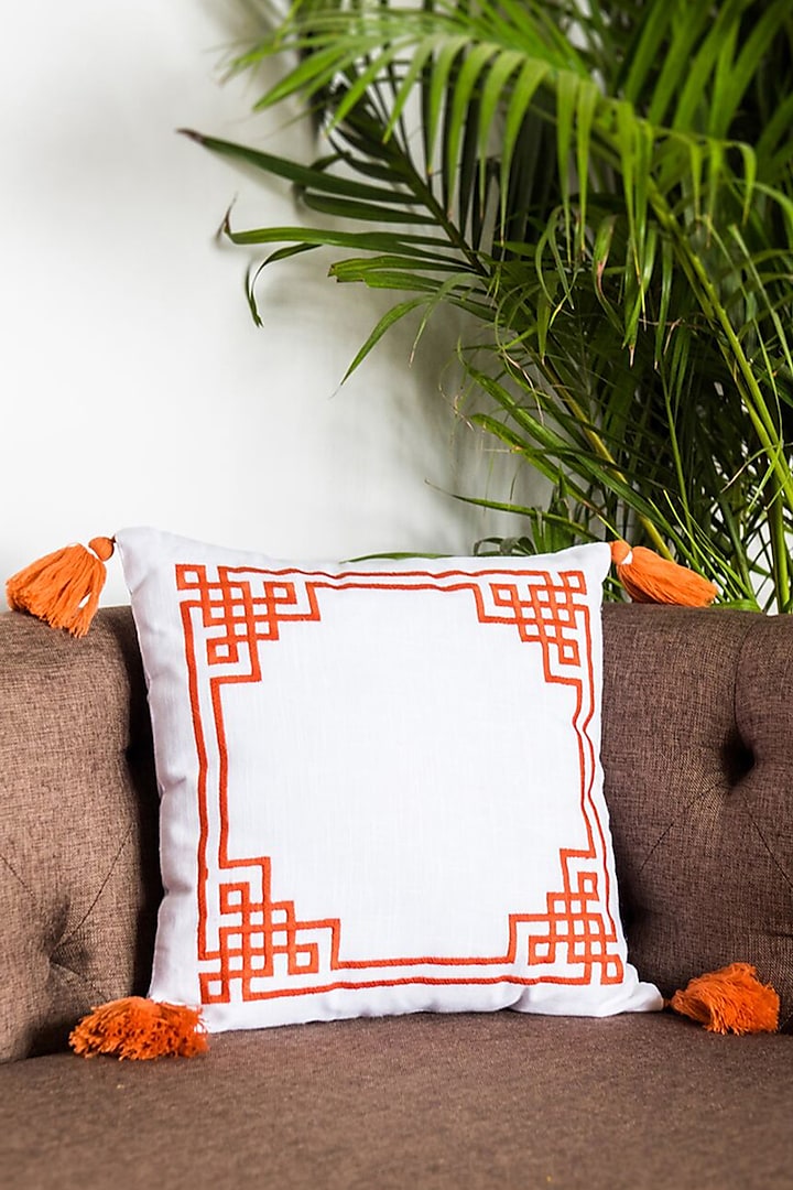 Off White Embroidered Cushion Covers With Tassels (Set of 2) by Ode and Cleo