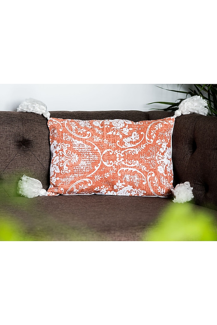 White & Orange Printed Cushion Covers With Tassels (Set of 2) by Ode and Cleo