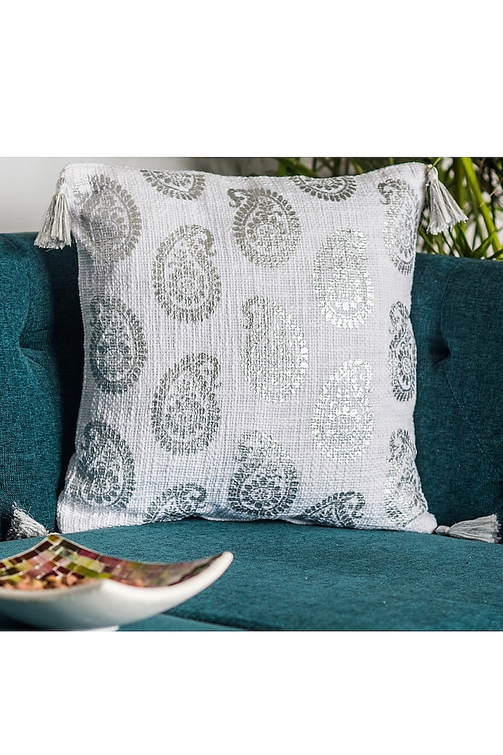 White & Silver Printed Cushion Covers With Tassels (Set of 2) by Ode and Cleo