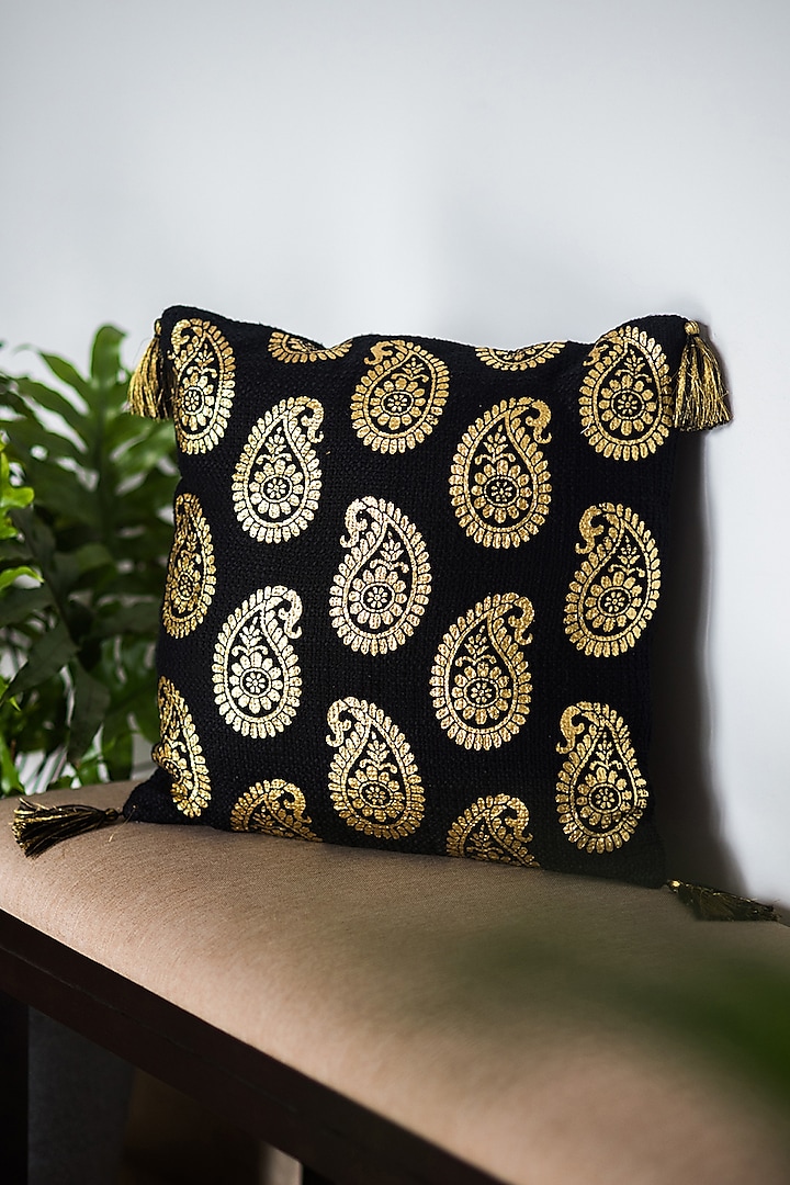 Black & Gold Cushion Covers With Tassels (Set of 2) by Ode and Cleo