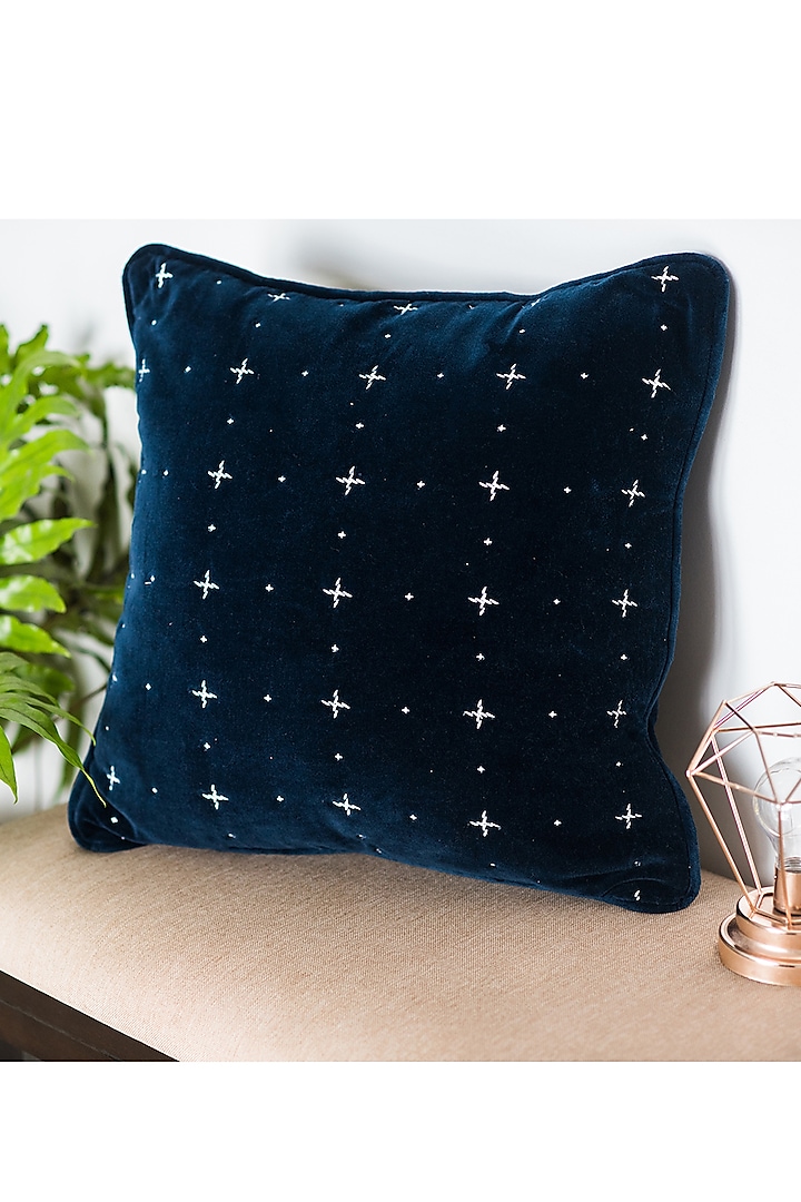 Blue & Silver Cross Stitched Cushion Covers (Set of 2) by Ode and Cleo