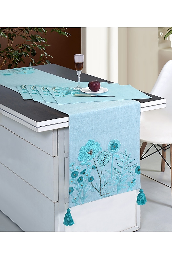 Powder Blue Cotton Printed Table Runner & Placemat Set by Ode and Cleo at Pernia's Pop Up Shop