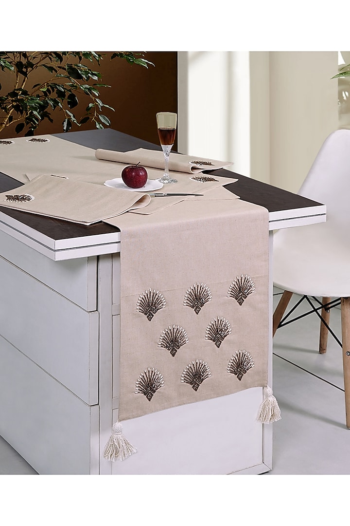 Beige Cotton Printed Table Runner & Placemat Set by Ode and Cleo at Pernia's Pop Up Shop