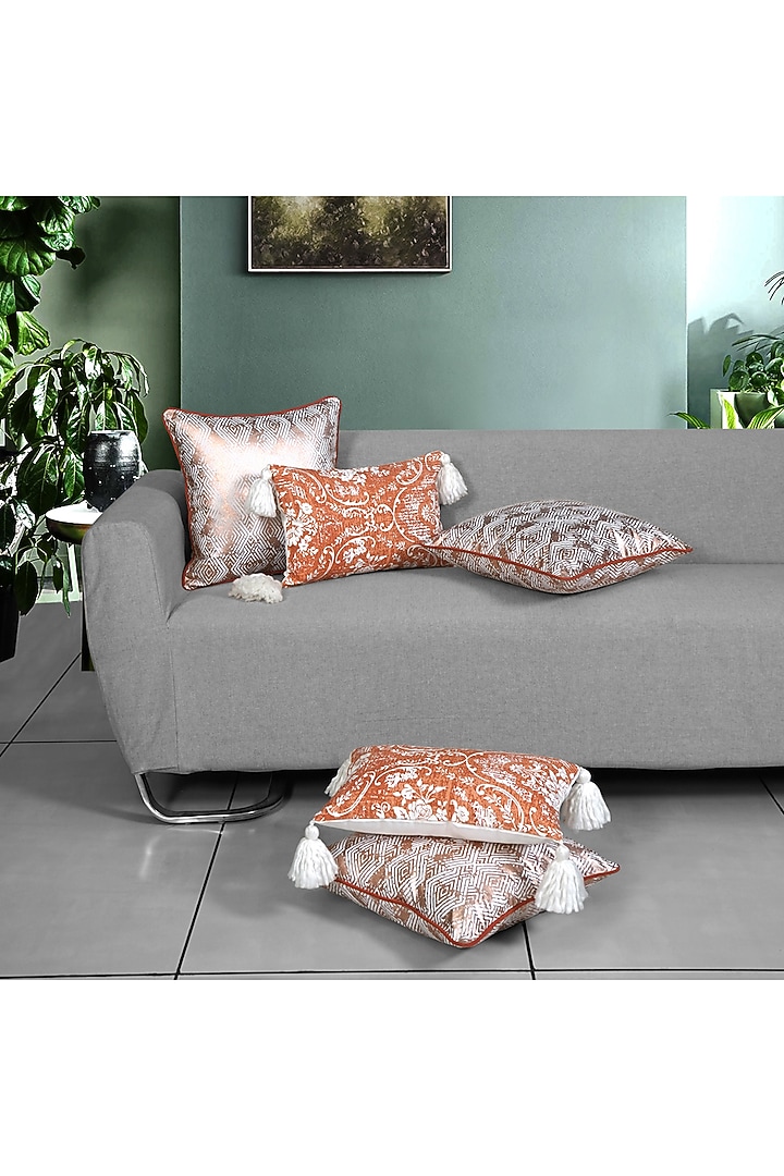 White & Rust Cotton Foil Printed Cushion Covers Set Of 5 by Ode and Cleo at Pernia's Pop Up Shop