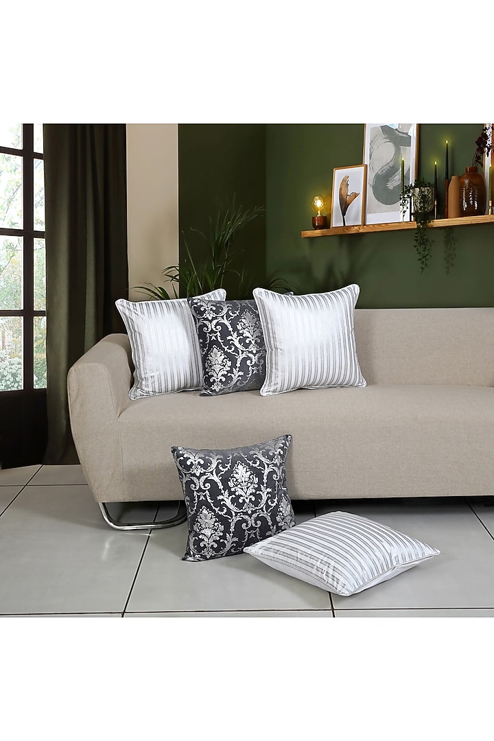 Silver Cotton Foil Printed Cushion Covers Set Of 5 by Ode and Cleo at Pernia's Pop Up Shop