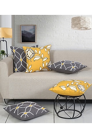 Yellow & Grey Cotton Chambray Thread Embroidered Cushion Cover Set by Ode And Cleo