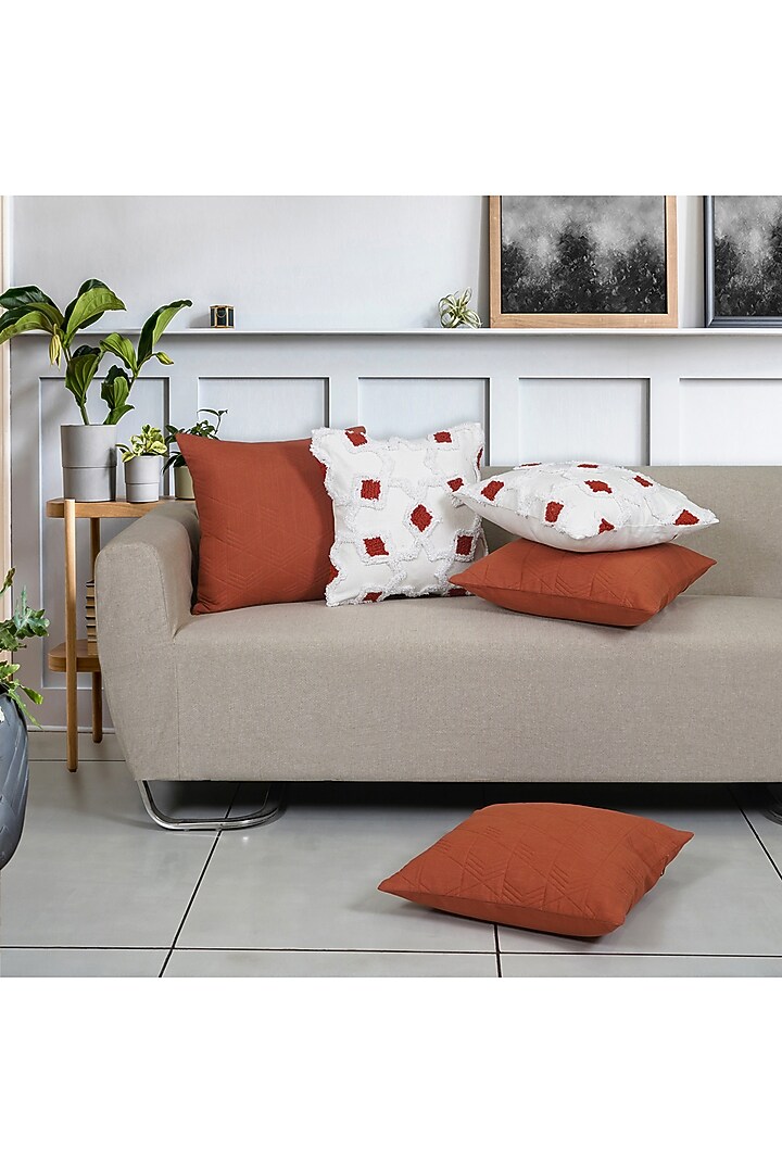 Orange & White Cotton Embroidered Square Cushion Cover (Set of 5) by Ode And Cleo at Pernia's Pop Up Shop