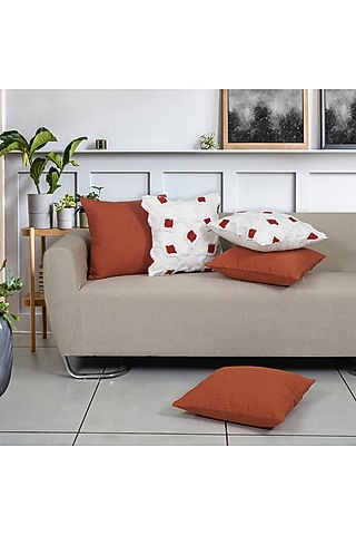 Orange & White Cotton Embroidered Square Cushion Cover (Set of 5) by Ode And Cleo