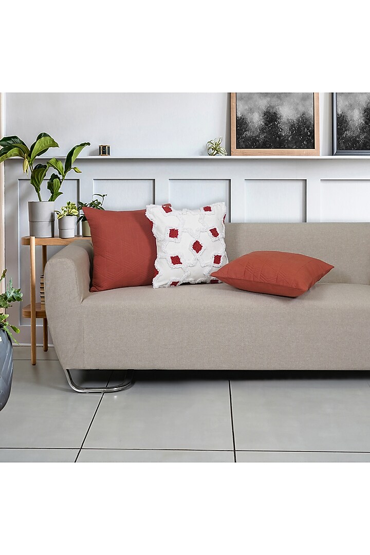 Orange & White Cotton Embroidered Square Cushion Cover (Set of 5) by Ode And Cleo at Pernia's Pop Up Shop