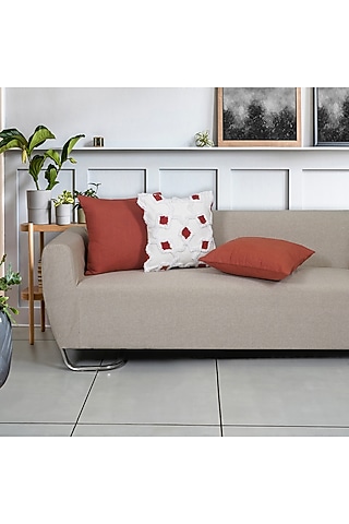 Orange & White Cotton Embroidered Square Cushion Cover (Set of 3) by Ode And Cleo