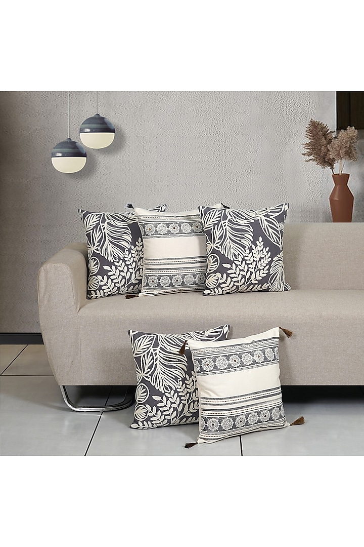 Grey Cotton Aari Embroidered Square Cushion Cover (Set of 5) by Ode And Cleo