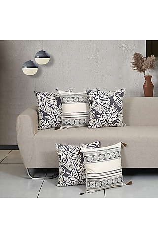Grey Cotton Aari Embroidered Square Cushion Cover (Set of 5) by Ode And Cleo