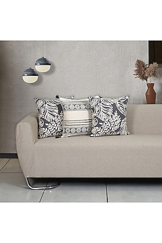 Grey Cotton Aari Embroidered Square Cushion Cover (Set of 3) by Ode And Cleo